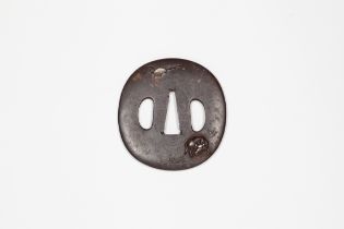 Iron Tsuba, Ox and Moon Design, Japanese Metalwork