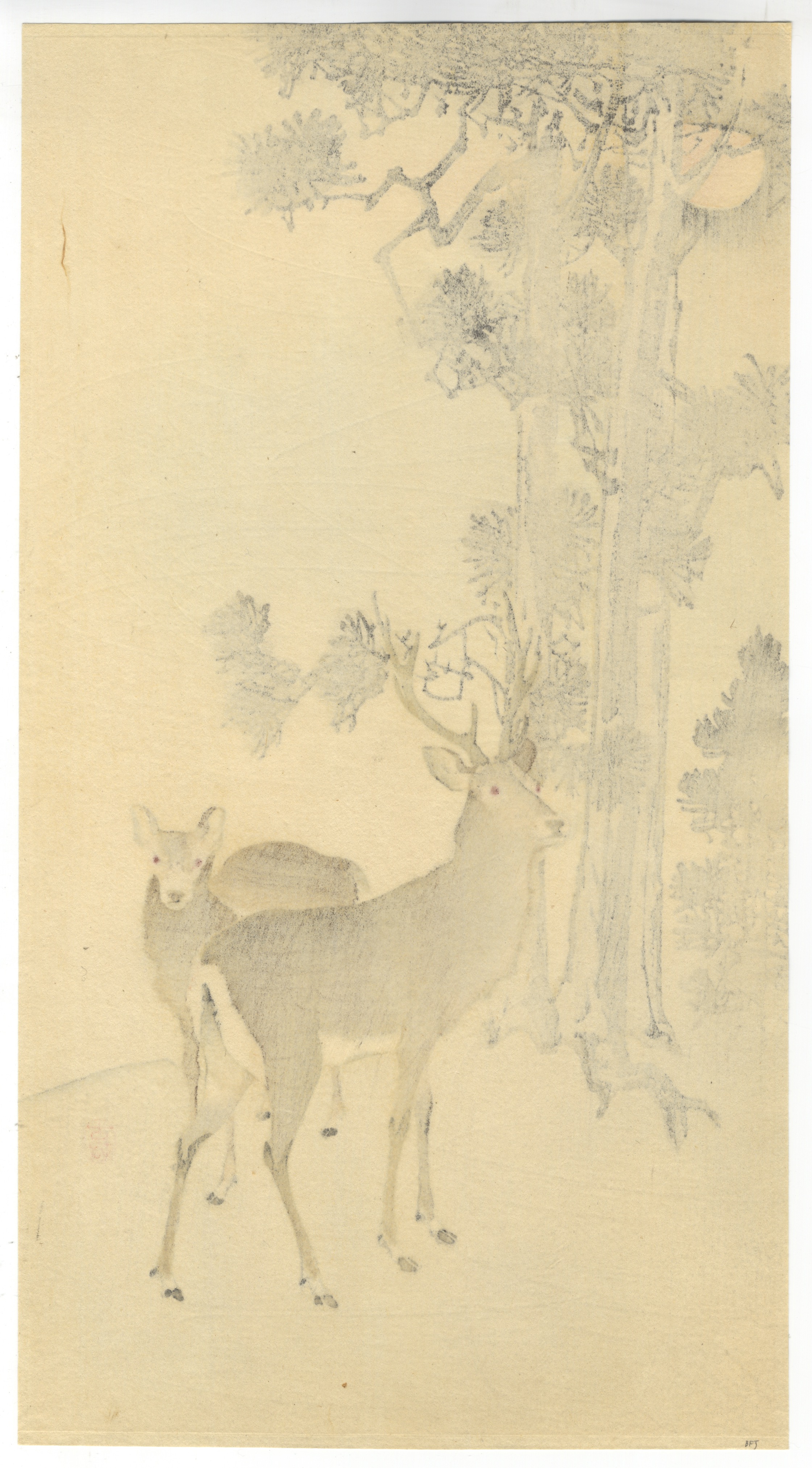 Koson Ohara, Deer, Original Japanese Woodblock Print - Image 2 of 2