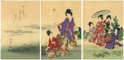 Chikanobu, Horsetail Picking, Japanese Woodblock Print
