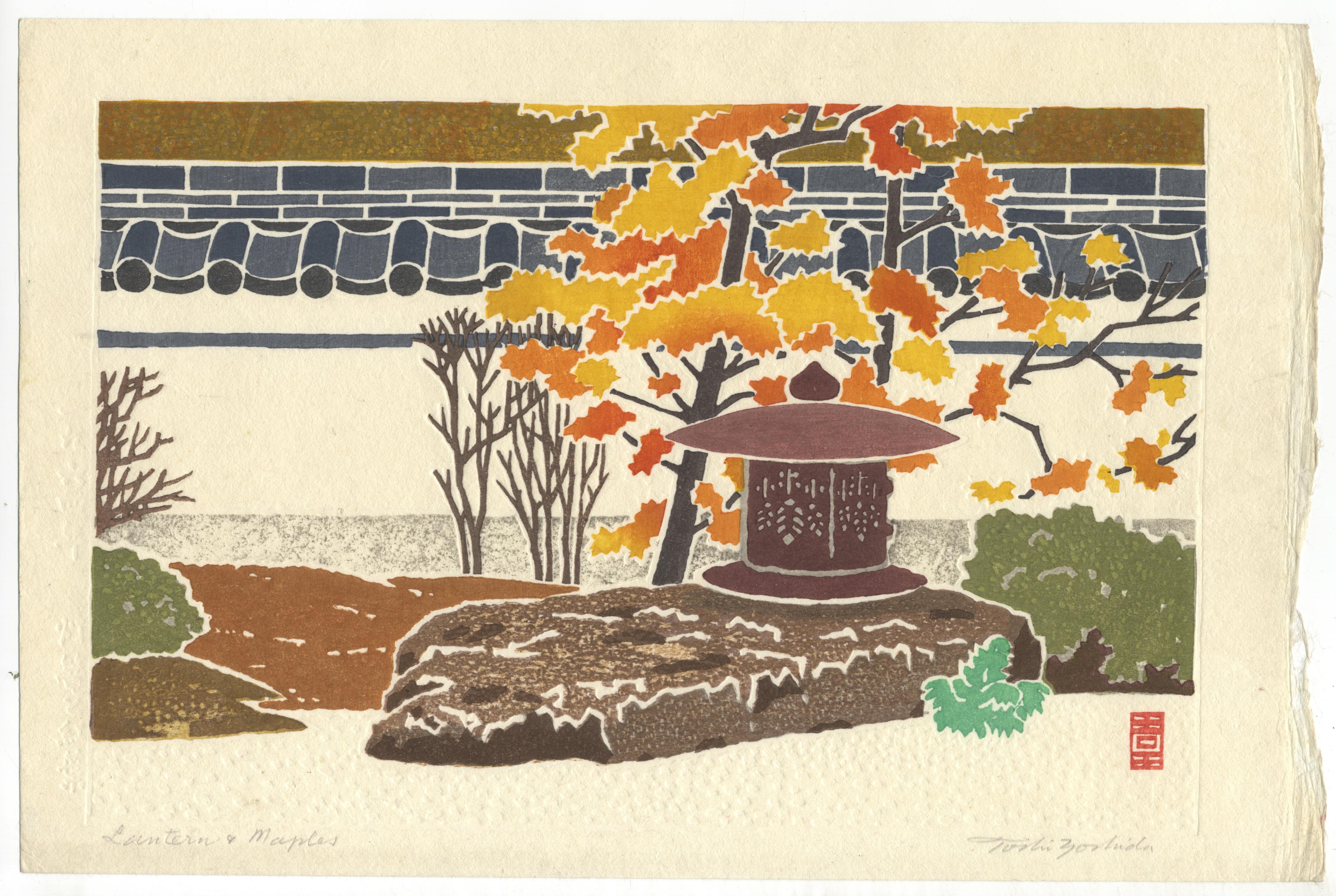 Toshi Yoshida, Lantern, Maples, Japanese Woodblock Print
