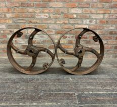 Pair of impressive industrial iron wheels, converted into a steampunk ceiling light, 61cm diameter