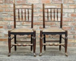 Pair of antique country chairs with solid seats and turned spindle backs, H 92cm (2)