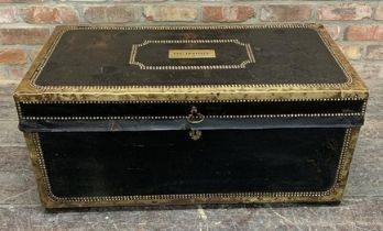 Leather wrapped & brass studded Campaign travel trunk. With brass plaque for Colonel Derville to
