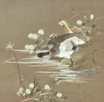 Good quality Chinese silkwork picture of ducks on the waters edge, 56 x 58cm, framed