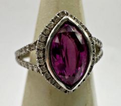 Platinum pink sapphire and diamond ring, marquise cut central stone, size L, 5g