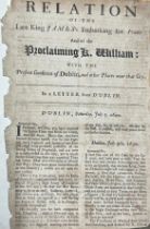 Incredibly rare late 17th century Irish single page double sided broadside, 'Relation of the Late