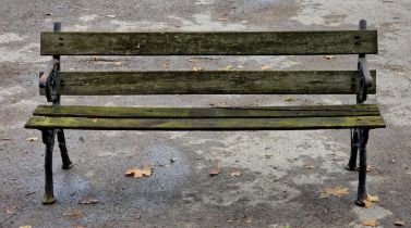 Cast iron twig end garden bench with wooden slats, H 79cm x W 167.5cm x D 52cm