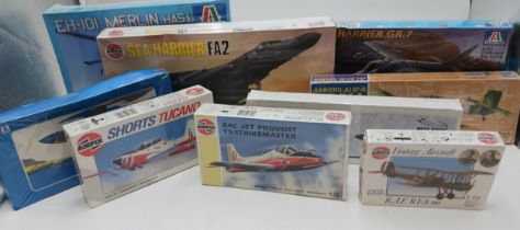 Collection of boxed plastic aeroplane construction kits. All items are sealed and unused. Includes