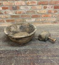 Early Large Treen Dairy Bowl With Similar Period Sculptors Mallet (2)