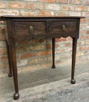 Early Georgian oak side table with two frieze drawers raised on pad feet, H 68cm x W 74cm x D 51cm