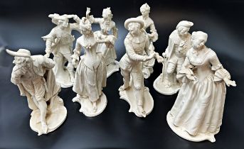 Collection of eight Nymphenburg Blanc-De-Chine porcelain figures af gentleman and partners, 22cm