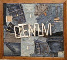 Denim collage with strip lights spelling Denim, framed, H 62cm x W 71cm