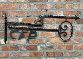 Good Victorian wrought iron hanging locksmiths sign, with barley twist bracket with hanging key with
