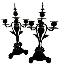 Pair of French Empire three branch candelabra, with black slate triform plateau, 42cm high