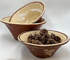 Good set of three graduated glaze terracotta dairy bowls, the largest 16cm high x 37cm diameter