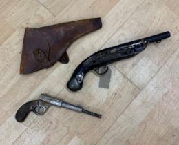 Early Flintlock Pistol With A Later Spud Gun With Brown Leather Case (2)