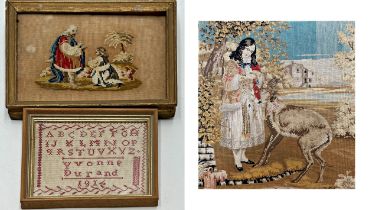 Quantity of antique tapestries to include sampler and large 19th Century example. Largest measures
