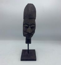 Carved Wooden African Tribal Head Mounted Atop Wooden Base. H 34cm.