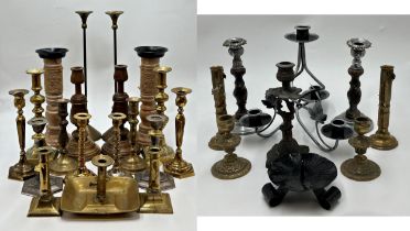Large Collection Of Wooden & Brass Candlesticks To Include Barley Twist & Chamberstick Examples.