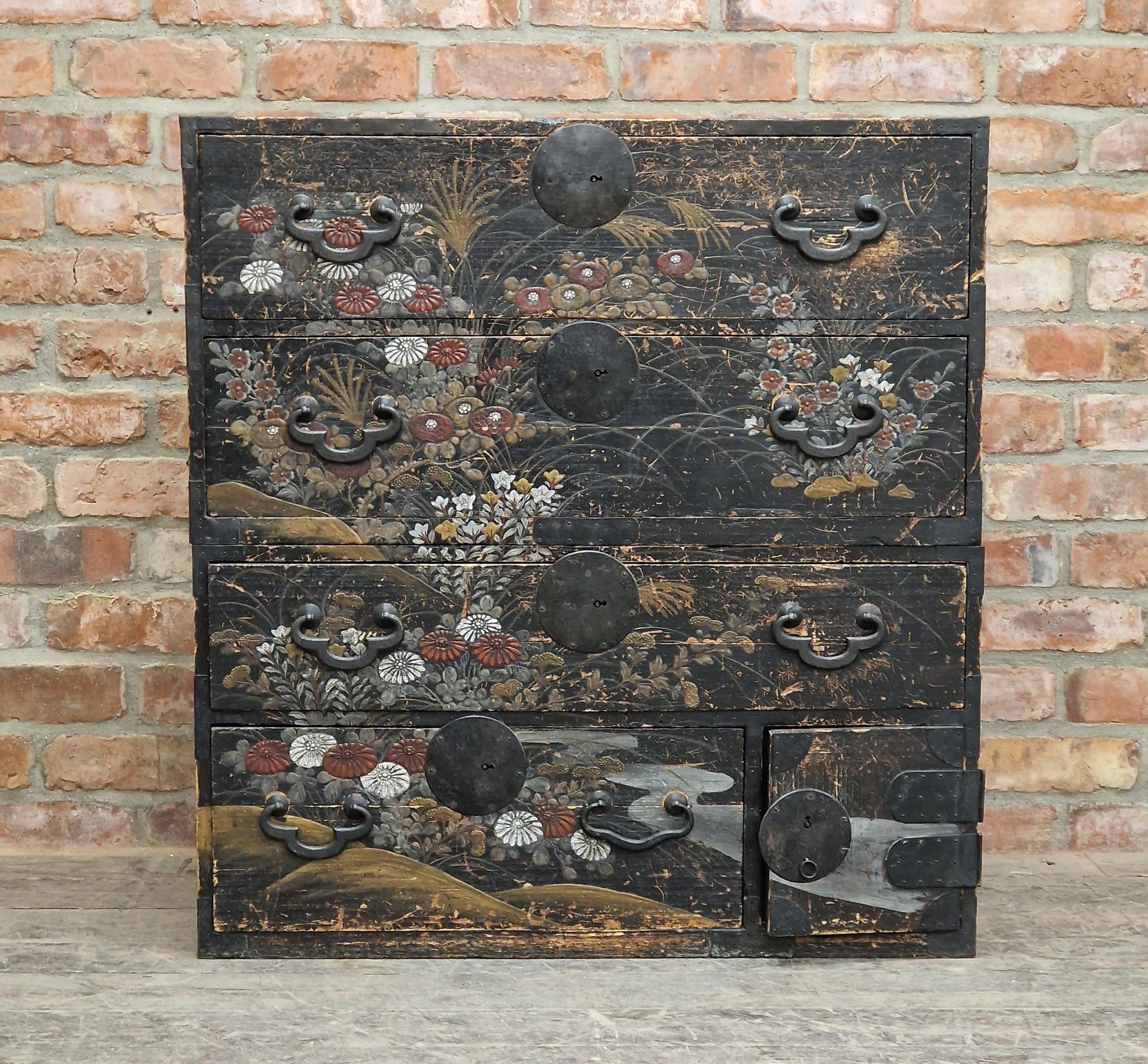 Impressive Japanese Edo period Tansu chest with good lacquered Chinoiseries overlay, in two parts,
