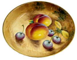 Royal Worcester hand painted porcelain small shallow dish, by Frank Roberts, fruits in a grotto