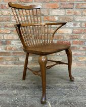 Antique beech and elm comb Windsor chair with unusual cabriole front legs