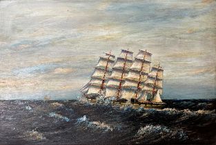 Naïve school - four mast sailing vessel on choppy waters, signed Capt A Axe, oil on board, 59 x