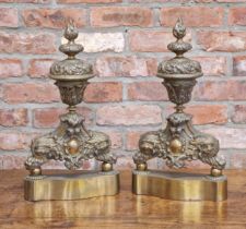 Pair of good 19th century French brass andirons, baluster acanthus urns mounted with flambeau