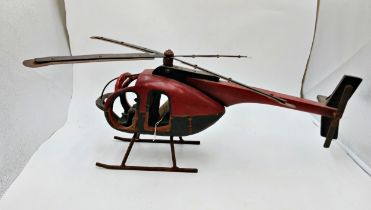 Large wooden scratch built helicopter with metal propellers. L 65cm x H 30cm.