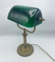 Vintage Brass Bankers Lamp With Green Glass Shade. H 37cm.