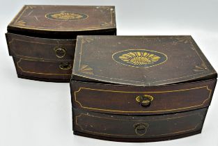 Pair of John Buchanan & Bros chest of drawers confection tins, bow fronted with shell type inlay