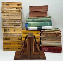 Collection Of Vintage Wisden Almanacs, Cricket Books & Pair Of Cricket Themed Bookends.