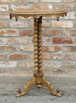 19th century walnut wine table with wavy apron, trio of barley twist columns and turned finials, H