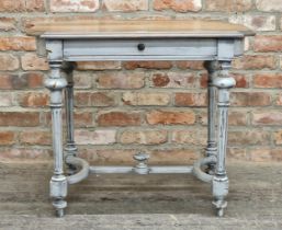 Painted pine side table of serpentine form with turned fluted legs and stripped top, H 71cm x W 90cm