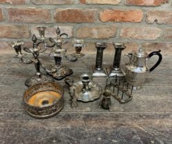 Collection of silver plate - pair candelabra, pair Corinthian candlesticks, wine coaster, toast