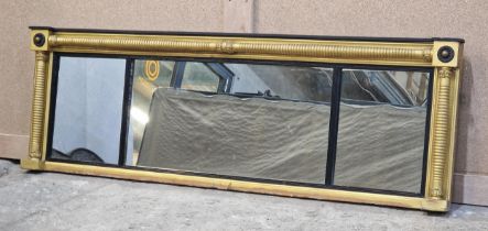 Antique giltwood triptych over mantel mirror with ebonised detail, H 54cm x D 159cm