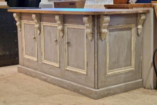 French pine kitchen island piece with three cupboard door design & grey painted finish. Baroque