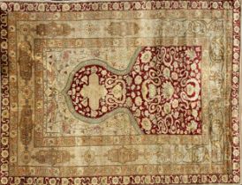 Exceptional quality Persian silk rug or prayer mat, with Islamic design and script with birds and