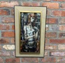 G* E* Ball (20th century) - cubist portrait of a standing lady, signed, oil on board, 59 x 23cm,