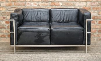 Le Corbusier style LC2 sofa, leather cushions in chrome frame, H 67cm x W 135cm x D 75cm