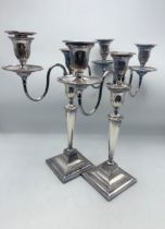 Pair Of Three Sconce Silver Plate Candelabra Candlesticks. H 40cm.