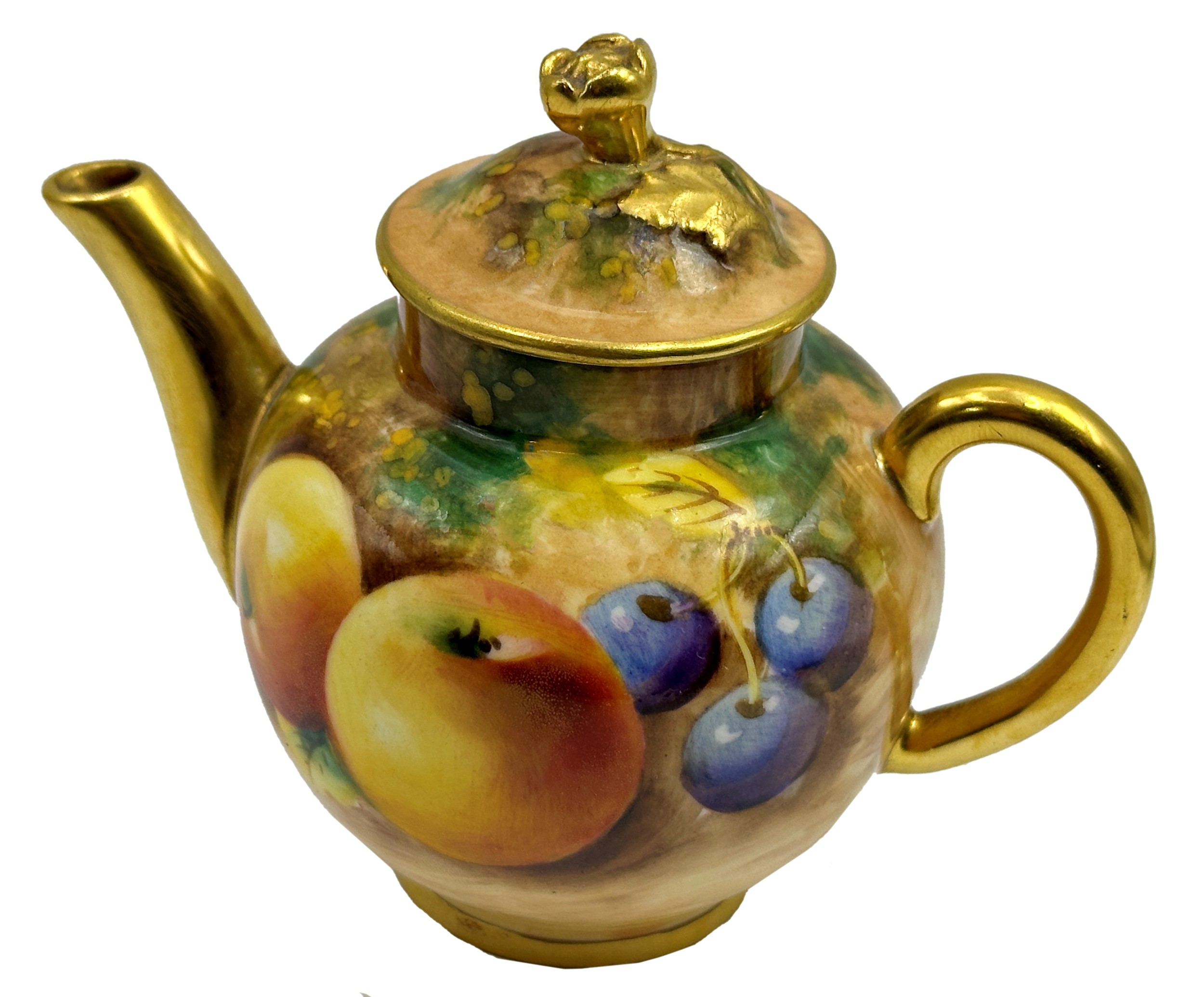 Royal Worcester hand painted miniature teapot by Frank Roberts, fruits in a grotto setting, gilt - Image 2 of 4