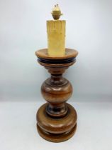 Turned Fruit Wood Ecclesiastical Style Table Lamp. H 50cm.