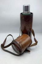 Good quality vintage huntsman leather flask case with original flask, with strap, 42cm high