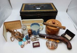 Mixed Miscellaneous Antiques & Collectors Lot To Include Flintlock Pistol, Medals & Mauchline Ware.