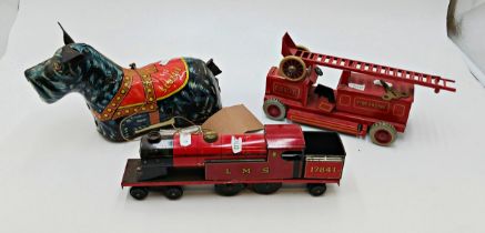 Quantity of mixed tin plate toys to include LMS 17841 train, Scottie Dog & fire engine (3)