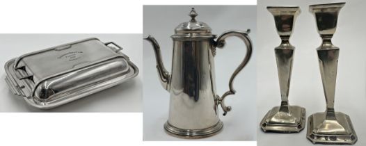 Silver plate Art Deco entre dish, with further coffee pot and pair of candlesticks (4)