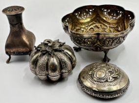 Eastern silver - betel nut box, hinged powder box and lobed bonbon dish, with a sterling silver