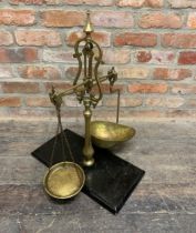 Good quality 19th century brass weighing scales, on painted moulded wooden plinth base, 67cm high