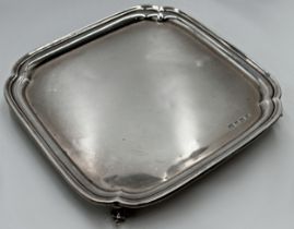 1930s silver square salver, scrolled feet, maker Viner Ltd, Sheffield 1931, 23 x 23cm, 18.5oz approx